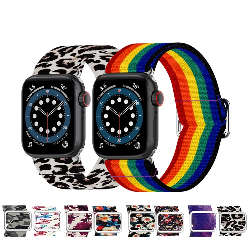 

Мягкий ремешок для Apple Watch 7 41 мм 45 мм 42 мм 44 мм 38 мм 40 мм Радужный Леопардовый нейлоновый ремешок для iWatch Series SE/6/5/4/3/2/1