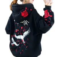 high quality autumn winter thicken hoodie chinese style crane rose embroidered sweatshirt oversized warm long pullover outwear
