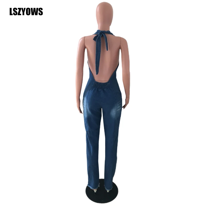 

Summer Women Jumpsuits Halter V Neck Backless Denim Jumpsuit Button Up Sleeveless Rompers Casual One Piece Outfit Jeans Overalls