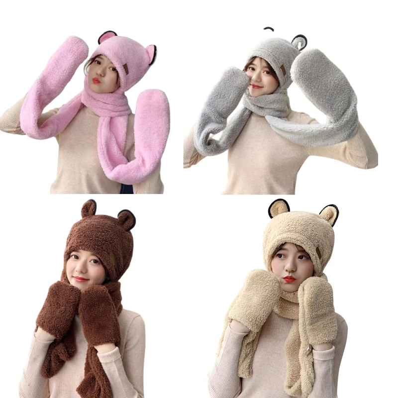 

One Piece Scarf Earflap Winter Hat Scarf Gloves Set Parent-child Outfit Christmas Plush Scarf With Pocket