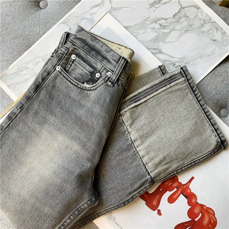 Женские прямые джинсы с высокой талией джинсовые длинные брюки в стиле пэчворк