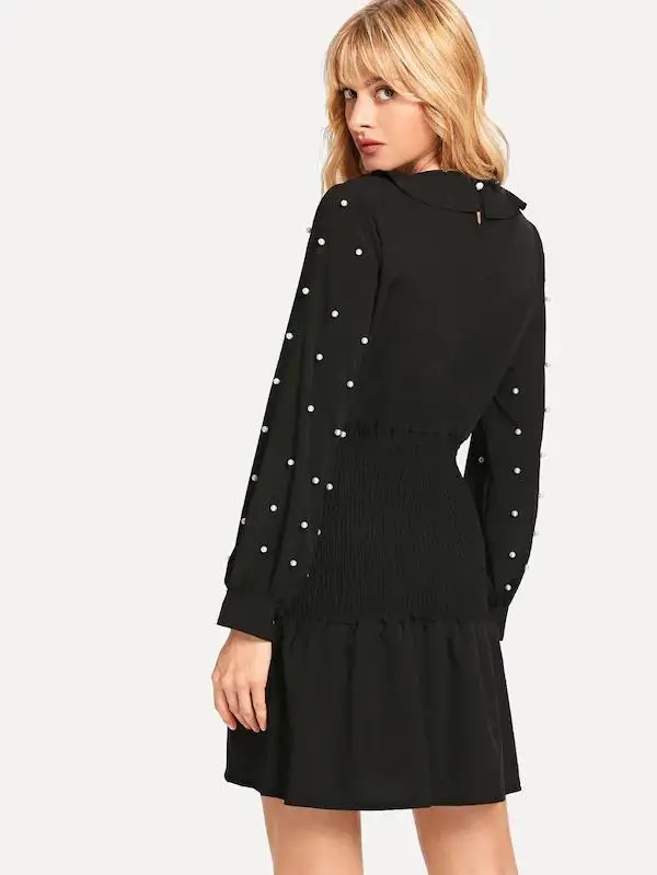 Платье с длинным рукавом и бусинами круглым вырезом узкой талией V155 новый дизайн