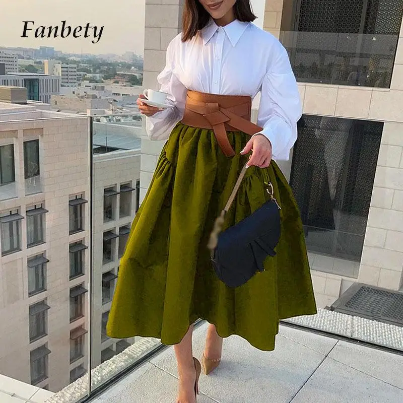 

Женский элегантный офисный костюм, белая рубашка и свободная юбка, повседневный однотонный комплект из двух предметов для осени, 2021