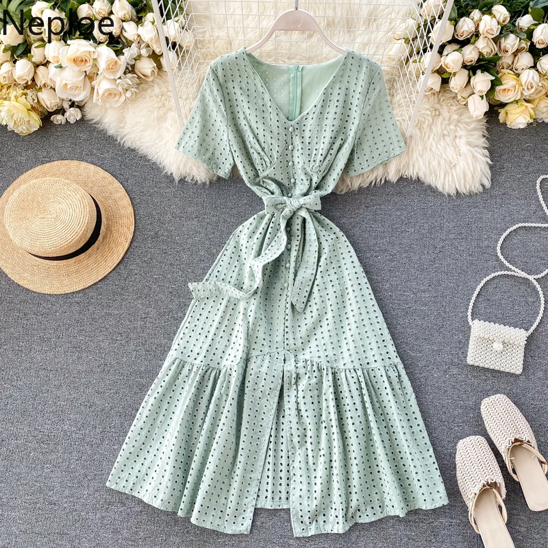 Женское платье Neploe с оборками ажурное однобортное V образным вырезом французское