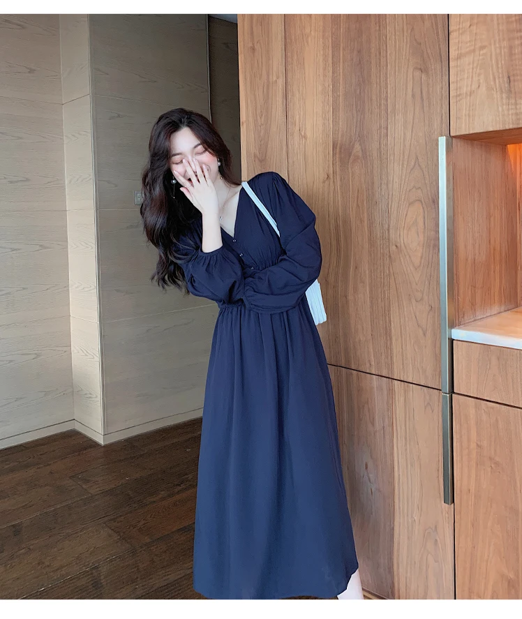 

Korean Elegant V-neck Women Long Dress 2021 Spring Autumn Full Sleeve Elastic Waist A-line Dresses Party Fashion Ladies Vestidos