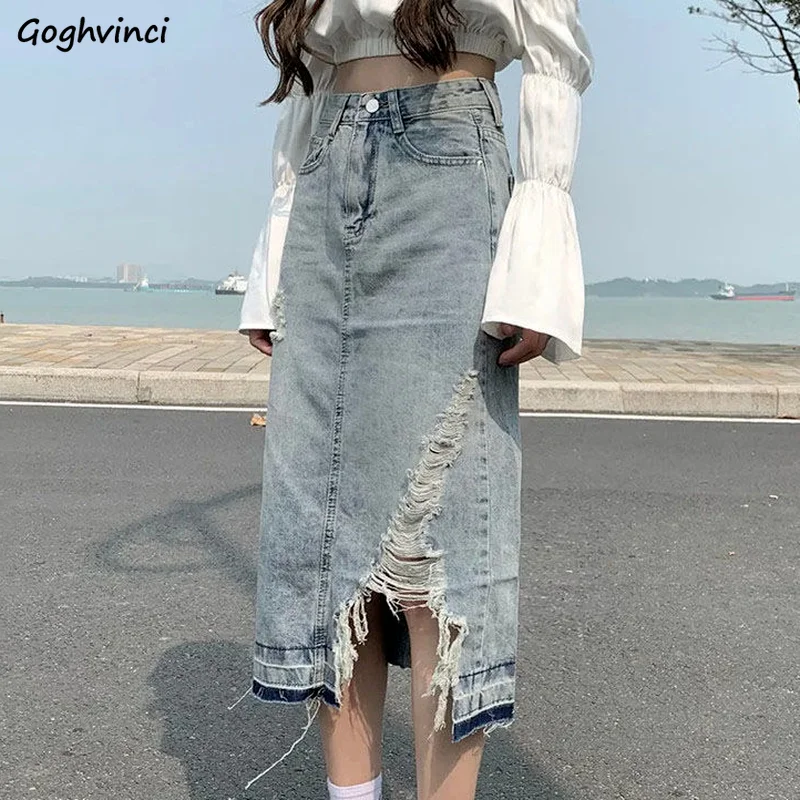 

Skirts Women Hole Denim Asymmetrical Ladies High Midi Female Korean Fashion New Summer Hot All-match Harajuku Ulzzang Sexy Ins