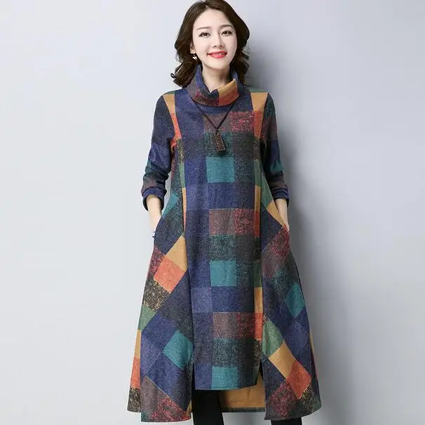 Женское шерстяное платье в клетку свободное винтажное с длинным рукавом плотное