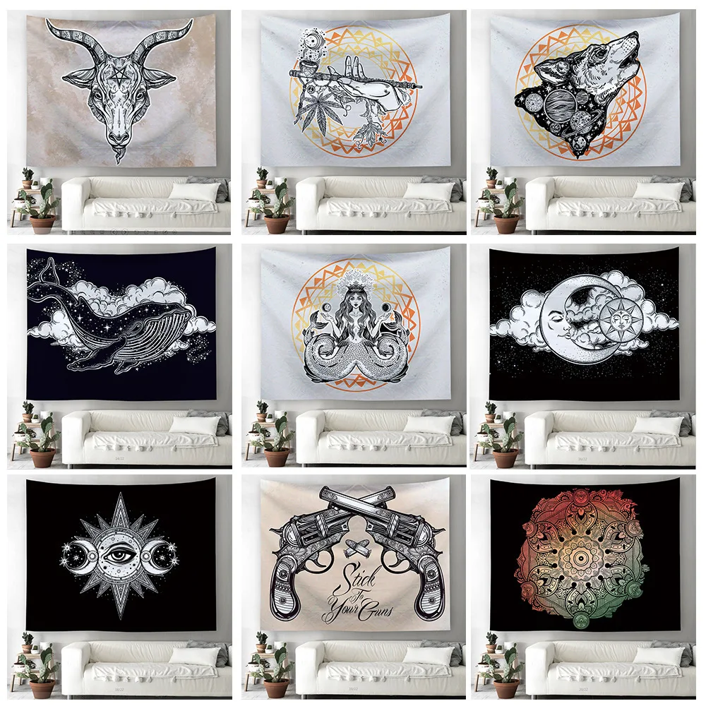 МАНДАЛА ГОБЕЛЕН для дома и общежития Декор гобелен настенный пистолет Волк Луна