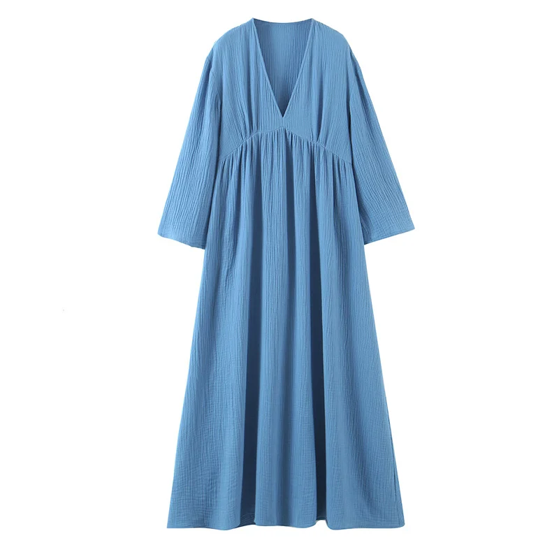 

Summer Blue Draped Midi Dress Women Fashion Deep V Neck Half Sleeve Female Dresses Vestido Feminino