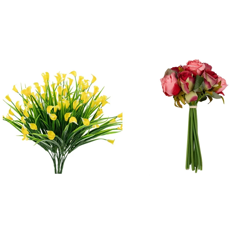 

Искусственные розы 12 шт., свадебные шелковые цветы с 4 искусственными цветами, уличные желтые Калла, лилия