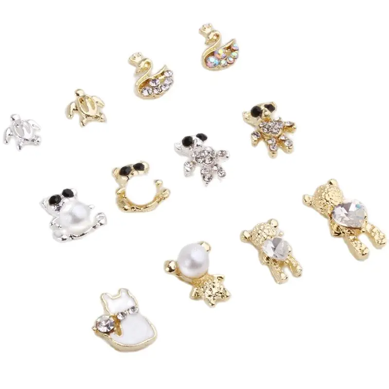 

10Pcs Gold/Sliver Bear Nail Art Jewelry 3D Charms Rhinestone Crystal Animal Metal Alloy Love Diamond Nails Accessories Decor JE