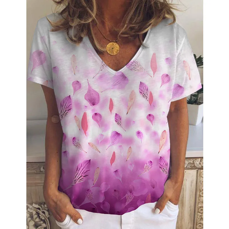 

Summer New Rainbow Gradient Color Leaf Print T Shirt Women's V-neck Short Sleeve Top Fashion Large Size Clothing