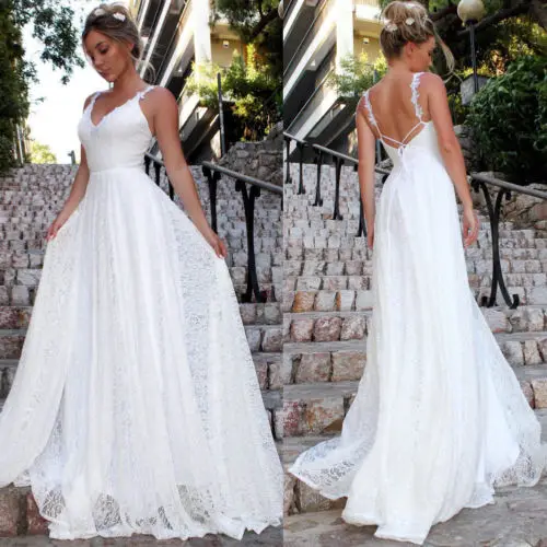 

New Sexy Soild V-neck Sleeveless Dress Women's Boho Casual Summer Beach Party Lace Sundress Long Maxi Dresses