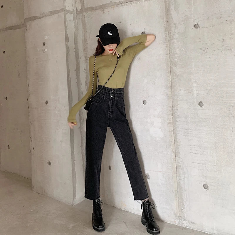 

Hot sale high waist women jeans chic fashion stretch tight trousers 2020 autumn retro jeans torn edge cropped trousers