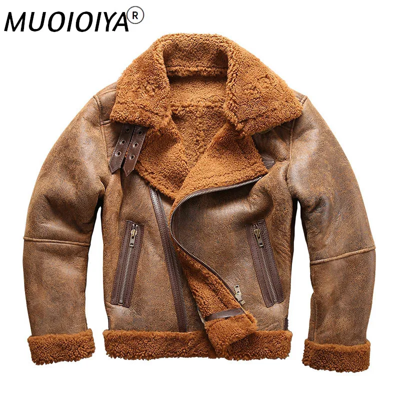

european size high quality super warm genuine sheep leather jacket mens big size B3 shearling bomber military fur jacket