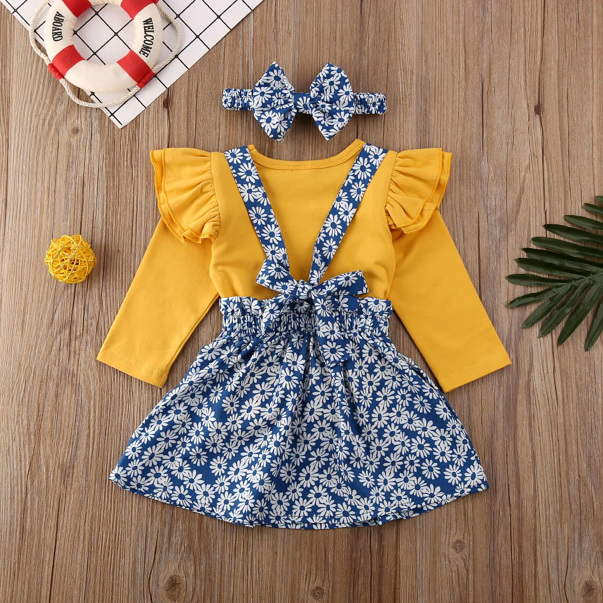 

Toddler Kids Baby Girls Clothes Sets 3pcs Outfits Ruffles Solid T-shirt Tops +Floral Dress Suspender Headband Clothes