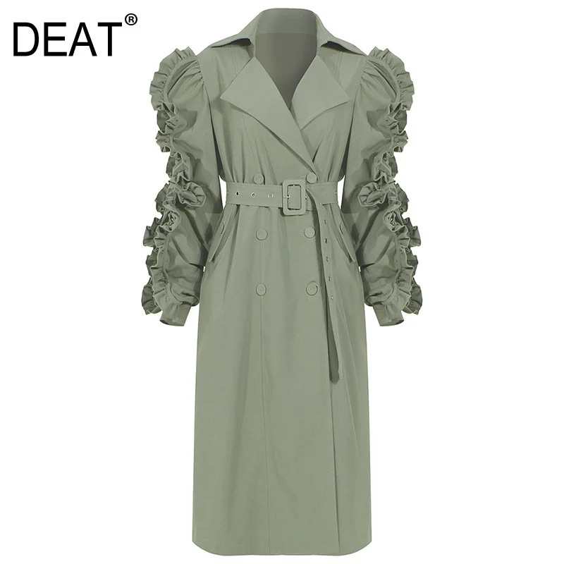 

Женский двубортный ремень DEAT, ветровка составного кроя с отложным воротником, оборками, длинными рукавами и высокой талией, WO03106L