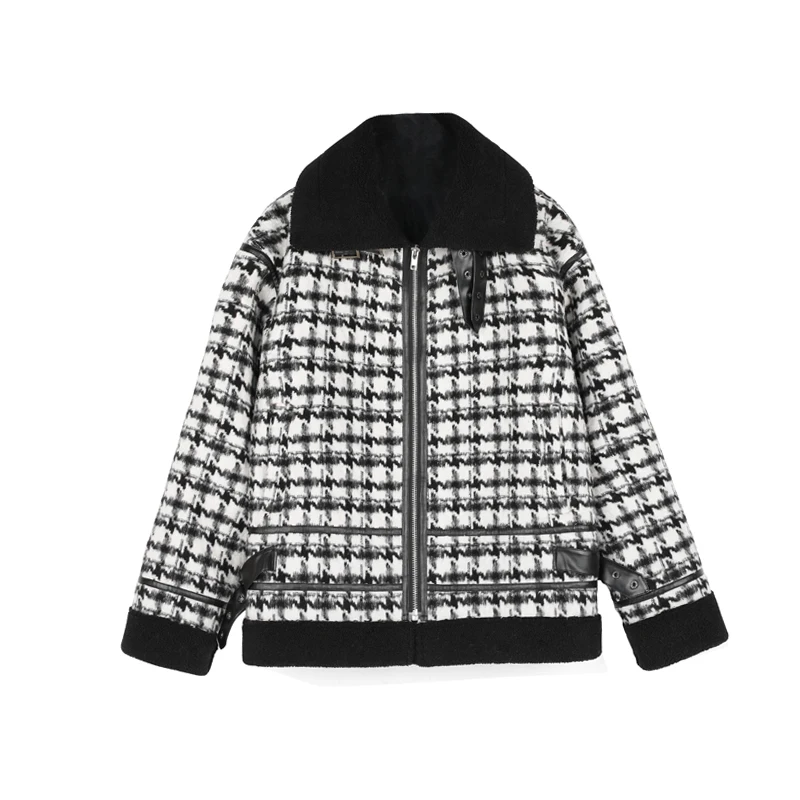 

Lamb wool thickening and velvet Korean loose coat female short houndstooth wild spring new style