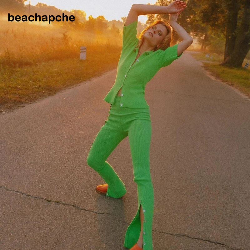 

Пляжный зеленый трикотажный комплект из двух предметов, топ с коротким рукавом и брюки с откидной крышкой, сексуальная женская одежда для отдыха