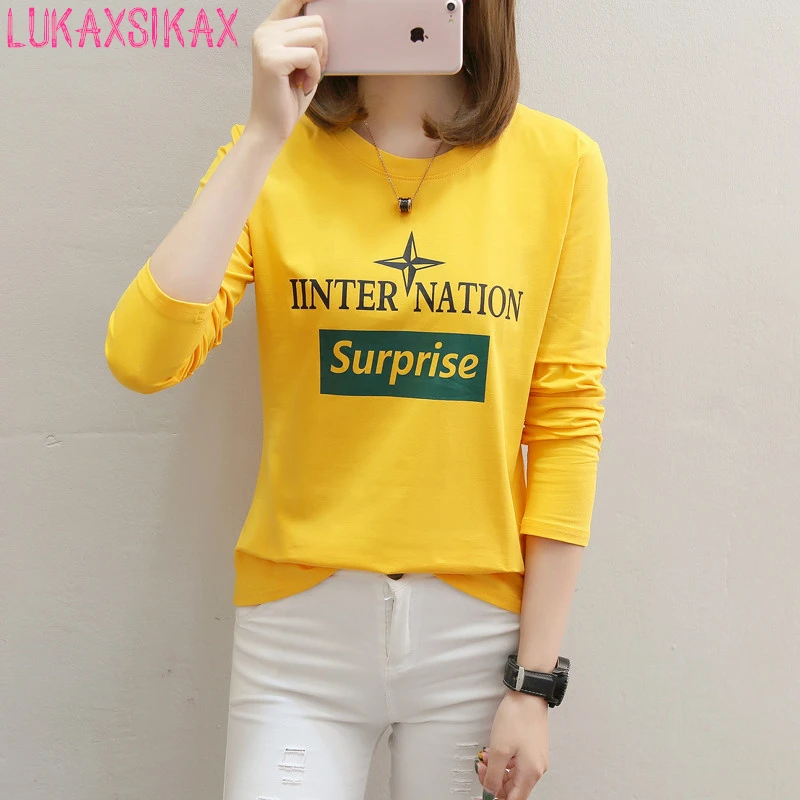 

2020 New Spring Autumn Women Long Sleeve Cotton T-shirt Korean Fashion Letter Graphic Print Student T-shirt Women Tops