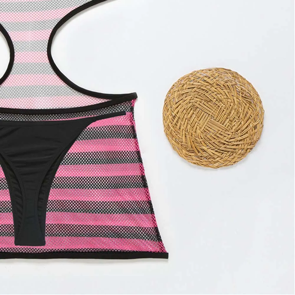 

Paotang 2021 Summer New Brazilian Bikini Woman Sexy Mesh Breathable One Piece Swimsuit Fashion Hanging Neck Halter Beach Suit