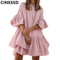cinessd women solid pleated chiffon dress pink stand collar single breasted flared half sleeves patchwork casual short dresses