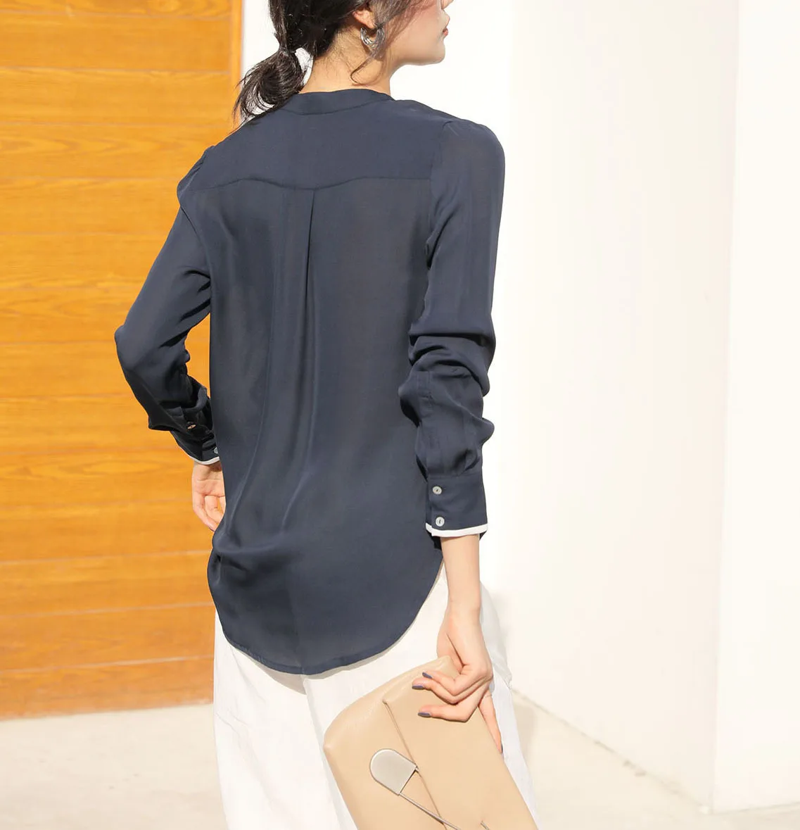 Женская тонкая рубашка с длинным рукавом темно синяя Повседневная блузка из