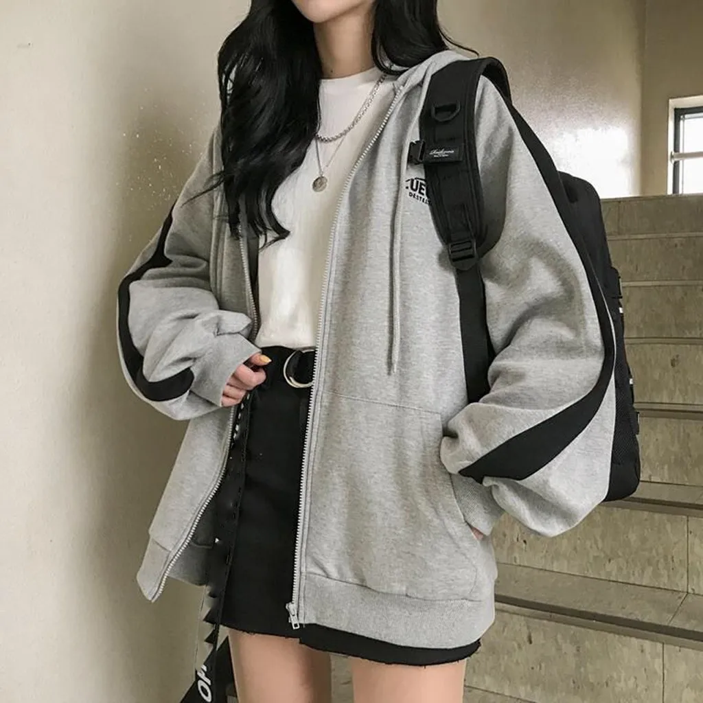 

Xfhh zip-up Harajuku Hoodies For Women clothes Hooded long Sleeve Jumper Hooded Regular Coat Casual korean style Sweatshirt