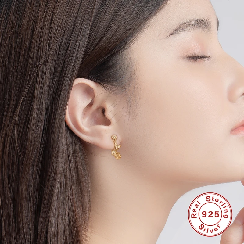 

S925 Sterling Silver Simple Fashion Pav Crystal Rose Stud Earrings For Women Exquisite Student Girlfriend Jewelry Accessories