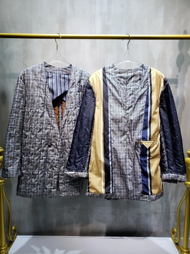 

New Winter Parkas Women Contrast Stitching Plaid Suit Loose Long Sleeve Winter Jacket Casual Overcoat Wadded Snow Outwear