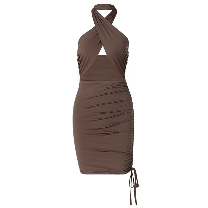 

European and American 2021 Spring New Women's Sexy Solid Color Pleating Backless Halter Dress Sexy Dress Women