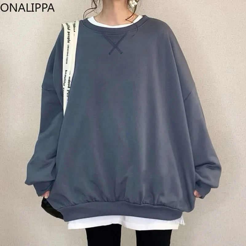 

Женская толстовка ONALIPPA, осень 2021, японская Повседневная Свободная Толстовка с круглым вырезом, бархатная теплая толстовка с длинными рукав...