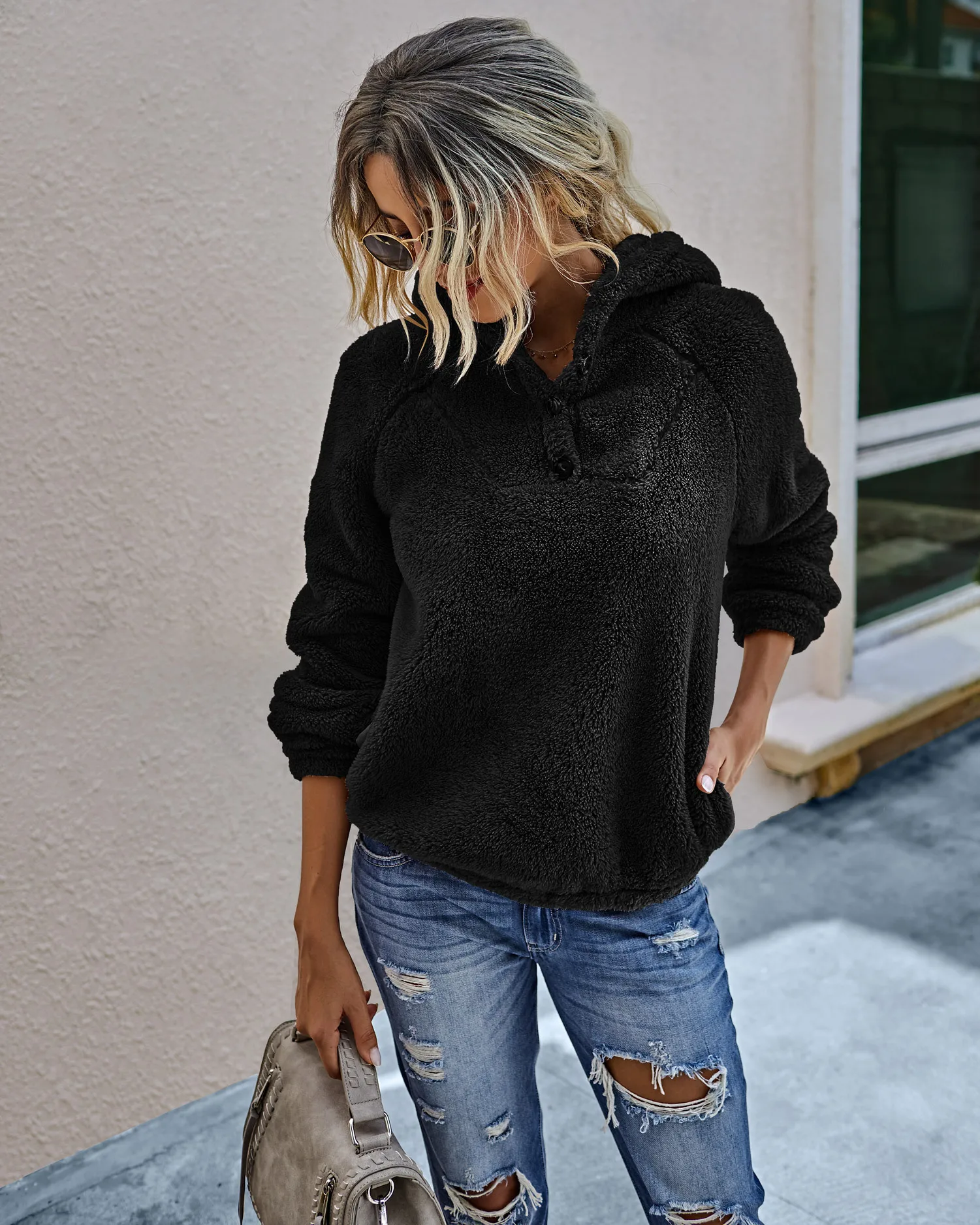 

Women Solid Long Sleeve Sweatshirt Female Casual Pullerovers Autumn Winter Tops Ladies Button Hooded Fleece Sweatshirts