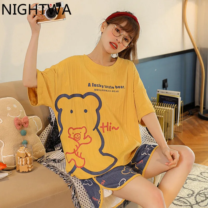 

Пижама NIGHTWA Женская хлопковая с коротким рукавом, свободная пижама в Корейском стиле, Повседневная желтая Домашняя одежда, одежда для сна с ...