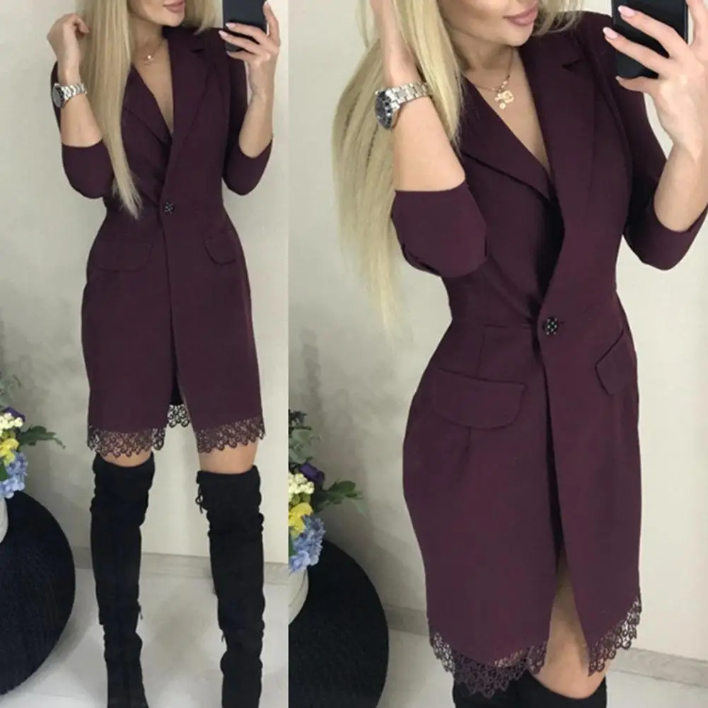 Office Lady Lapel Collar 3/4 Sleeve Lace Hem Button Knee-length Dress Blazer | Женская одежда