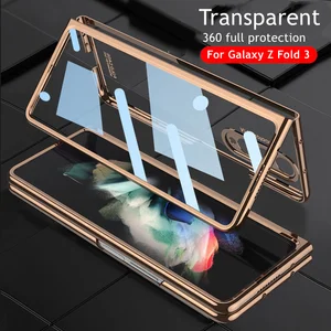 front tempered glass transparent case for samsung galaxy z fold 3 5g cover plating frame hard clear s pen slot holder back case free global shipping