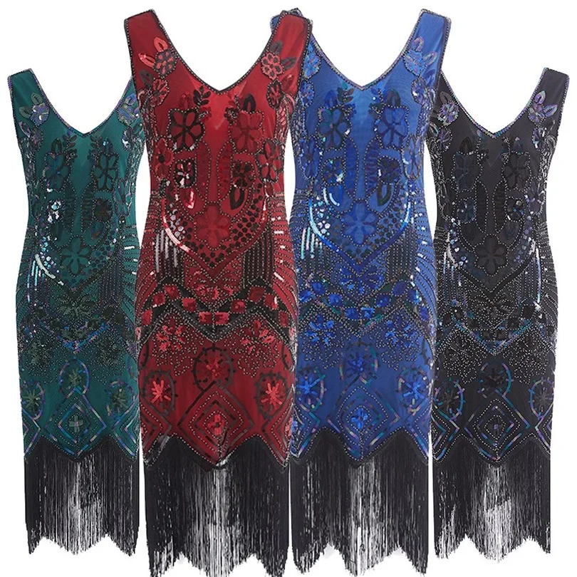 

2021 new Women 1920s Great Gatsby Vintage Fringe Flapper Dress Girl Sequin Bead Sleeveless Summer Dress Vestido De Fiesta