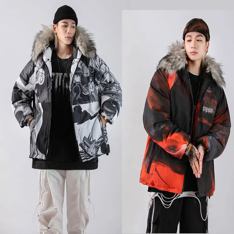 

2021 в стиле «хип-хоп», Зимняя Куртка парка для мужчин в японском стиле «граффити» из мультфильма; Уличная ветровка с меховым капюшоном Harajuku т...