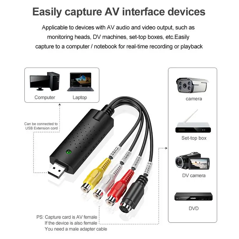 

Video Audio Capture Card Adapter TV DVD VHS DVR Game Video To Digital DVD Converter For Vista XP Windows 10/8.1/8/7