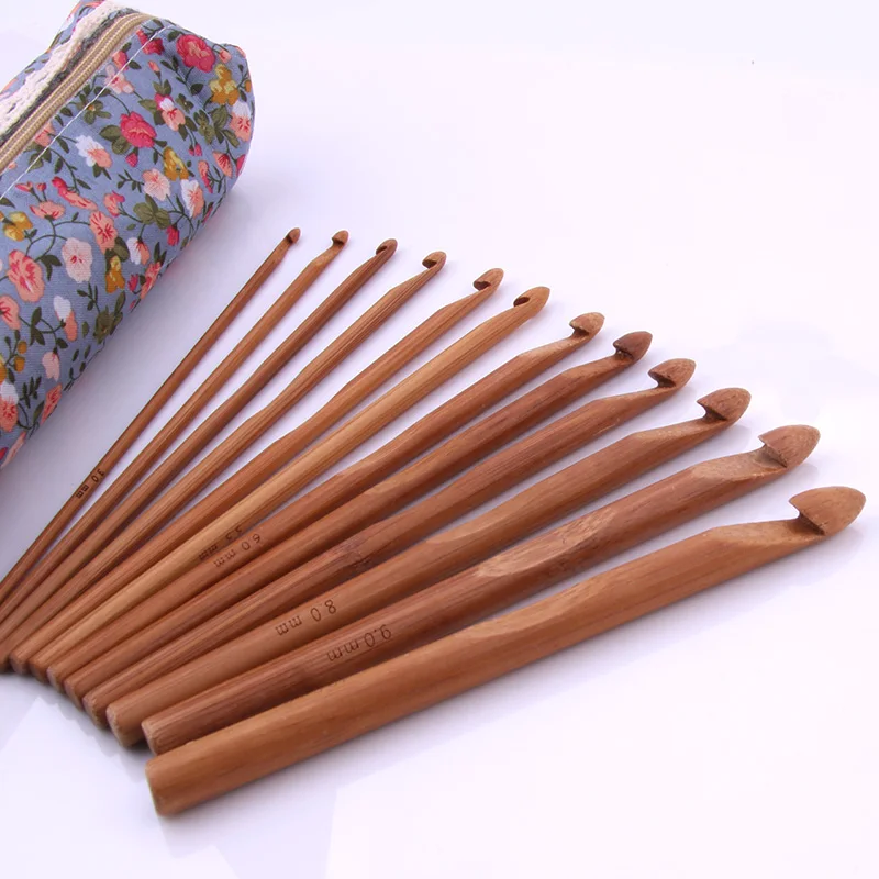 

12pcs Bamboo Knitting Needles Handle 3-10mm Crochet Hooks Set DIY Craft Tools with storage bag