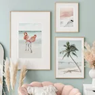 Настенная Картина на холсте с изображением фламинго, пляжа, волн, пальмы, пейзажа, скандинавские плакаты и принты, декоративные картины для гостиной