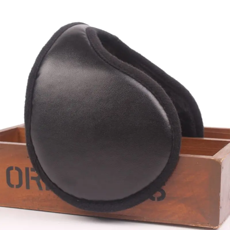 

Men Women Winter Faux Leather Earmuffs Foldable Thicken Plush Lining Black Outdoor Snow Skiing Middle-Aged Ear Warmers