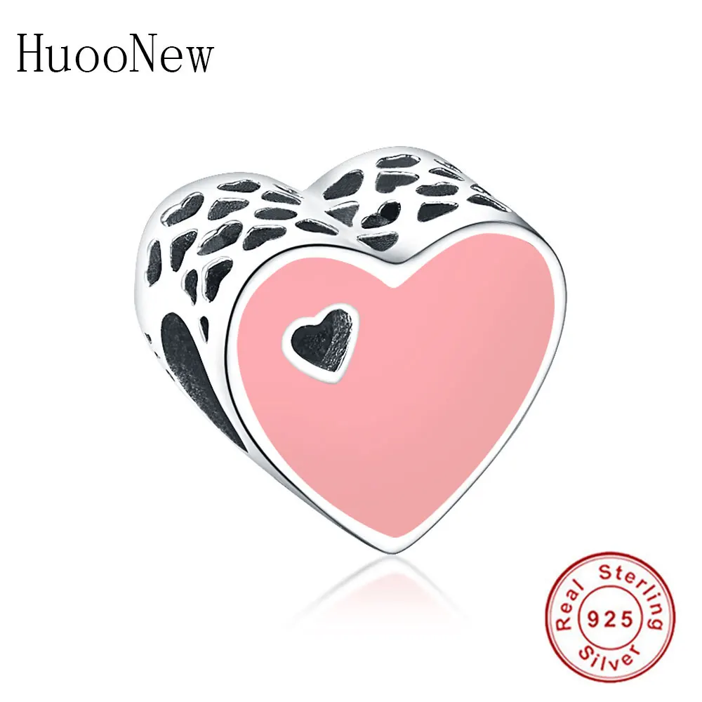 

Fit Original Pandora Charms Bracelets 925 Sterling Silver Europe Pink Color Enamel Love Heart Hole Bead Jewelry Making Berloque