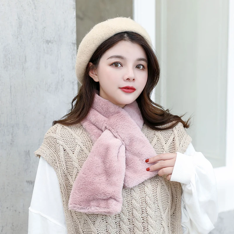 

Women Winter Thicken Plush Faux Rabbit Fur Scarf Solid Candy Color Collar Shawl Neck Warmer Shrugs Knitted Neckerchief Long Wrap