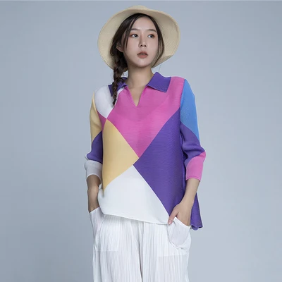 HOT SELLING Miyake Pleated fashion turndown collar short sleeve patchwork T-shirt  IN STOCK