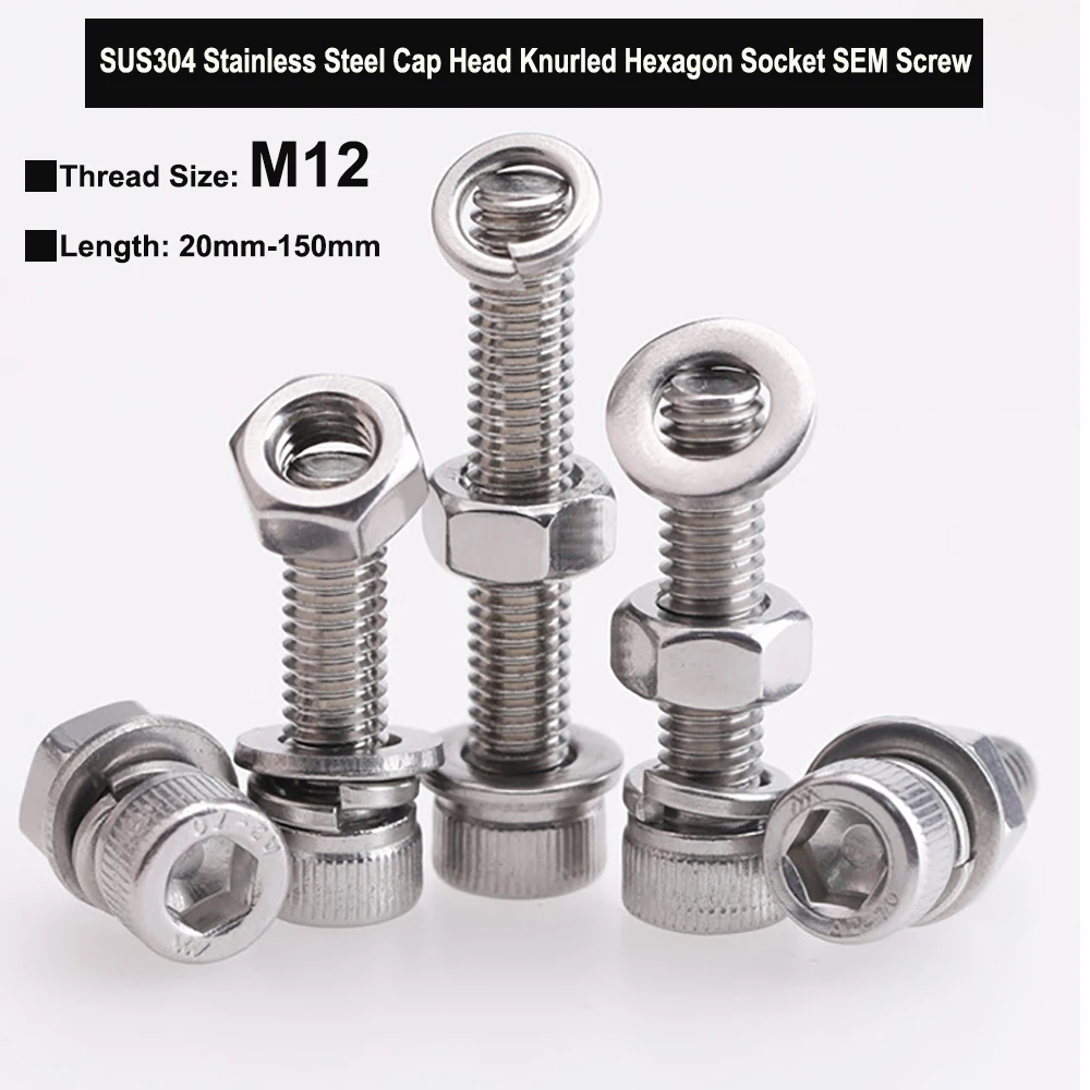 

M12 SUS304 Stainless Steel Knurled Cap Head Hexagon Socket Bolt Three Combination Screw with Plain Washer Spring Washer and Nut