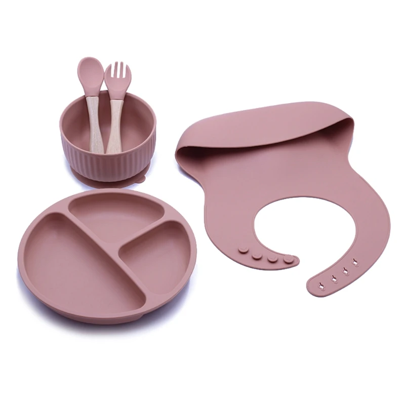 

5PCS/Set Baby Feeding Tableware BPA Free Food Grade Silicone Bowl Bib Placemat Fork Spoon Feeding Set Baby Supplies