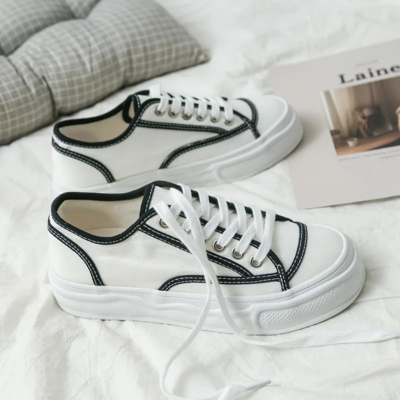 

Summer New Black Canvas Shoes For Women Lace Up White Sneakers Leopard Gumshoes Chunky Heel Solid Color All Match Girl Shoe