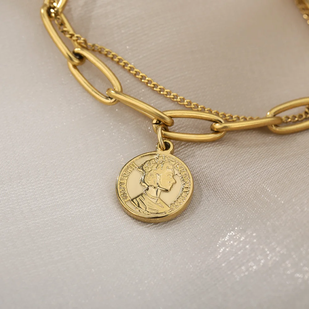 

Stainless Steel Portrait Bracelets For Women Friend Gold Chain Baroque Imitation Pearl Bracelet Bangles Punk Charm Jewelry 2021