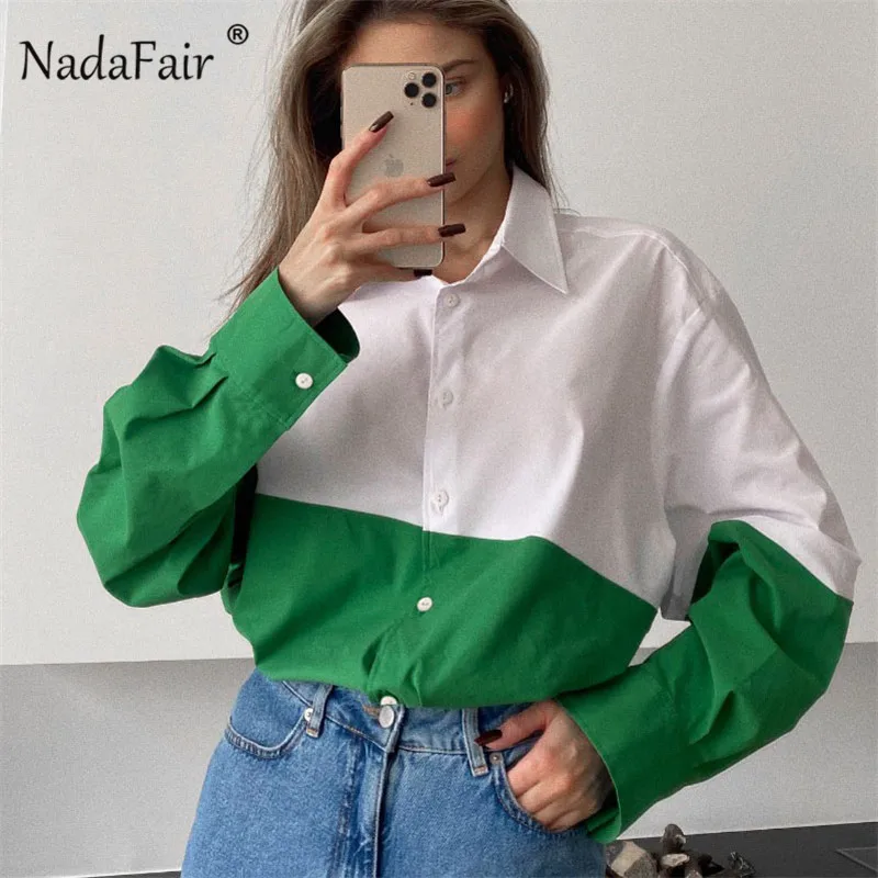 

Nadafair Patckwork Модные женские рубашки на пуговицах оверсайз блузки женские топы 2022 Весенняя Повседневная Свободная рубашка Femme